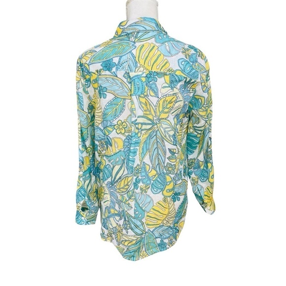 J McLaughlin Women’s Linen Shirt Aqua Yellow Tropical Print Button Down NWT $188 - Picture 8 of 15